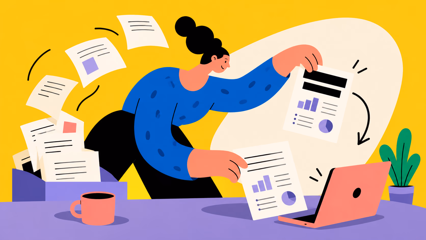 Ilustração de uma pessoa analisando documentos e relatórios diante de um notebook.