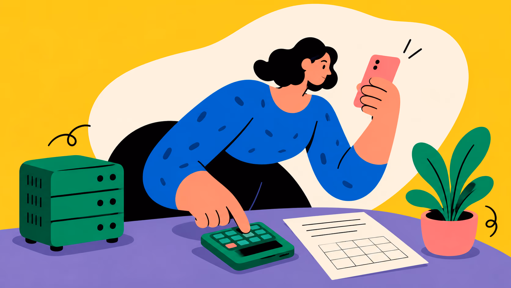 Mulher usando uma calculadora enquanto segura um celular, com papéis, uma planta e um servidor sobre a mesa