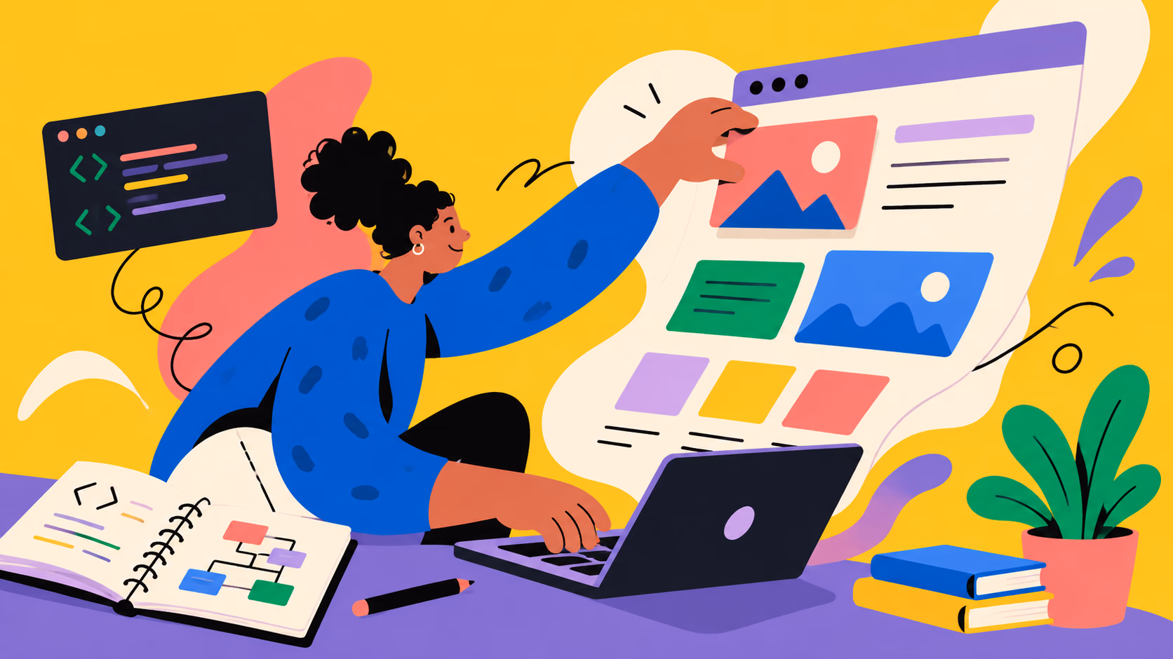 Ilustração de uma desenvolvedora de camisa azul sentada entre um notebook e um caderno de códigos, montando o layout de uma página em um painel grande com imagens e blocos de texto