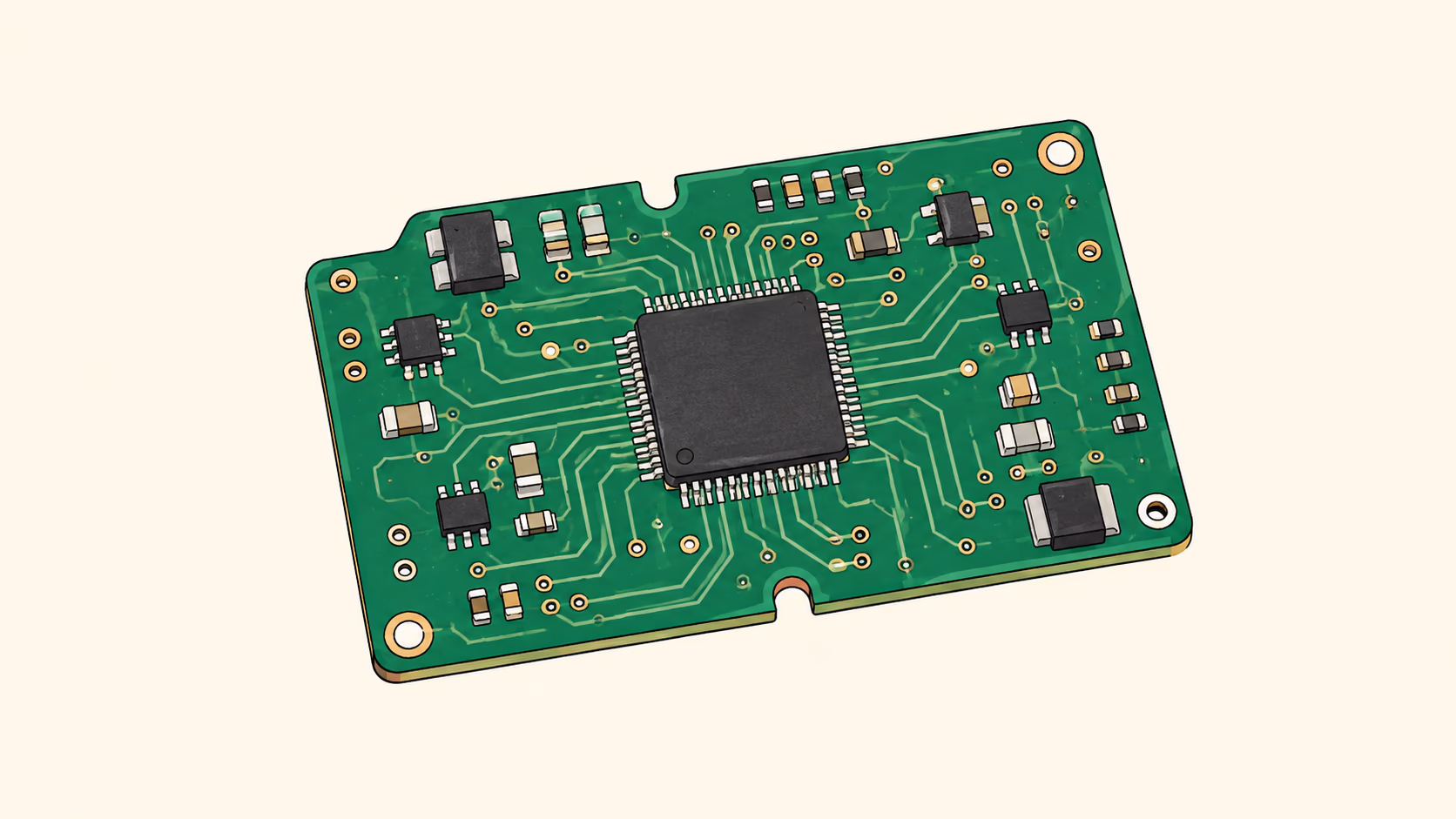 Placa de circuito verde com um chip central e componentes eletrônicos menores